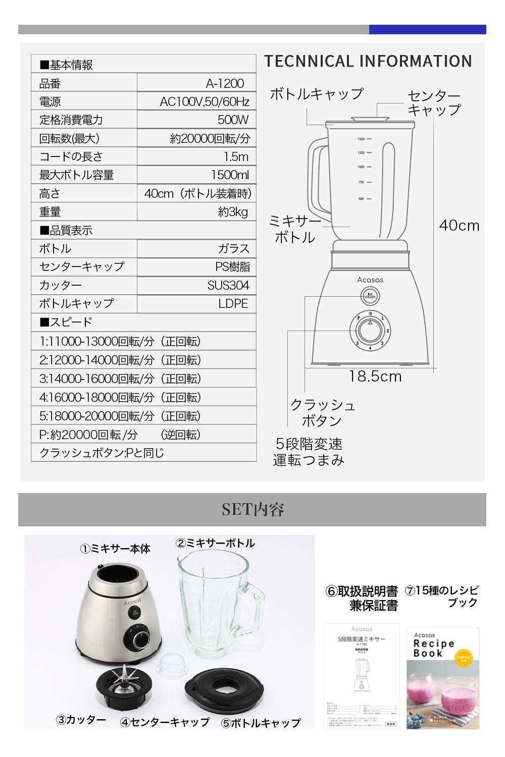 Acasas ミキサー A-1200